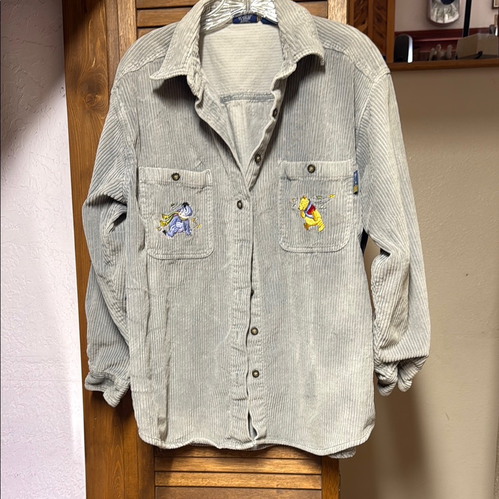 Disney Corduroy Button Down Shirt - Gray with Embroidered Characters